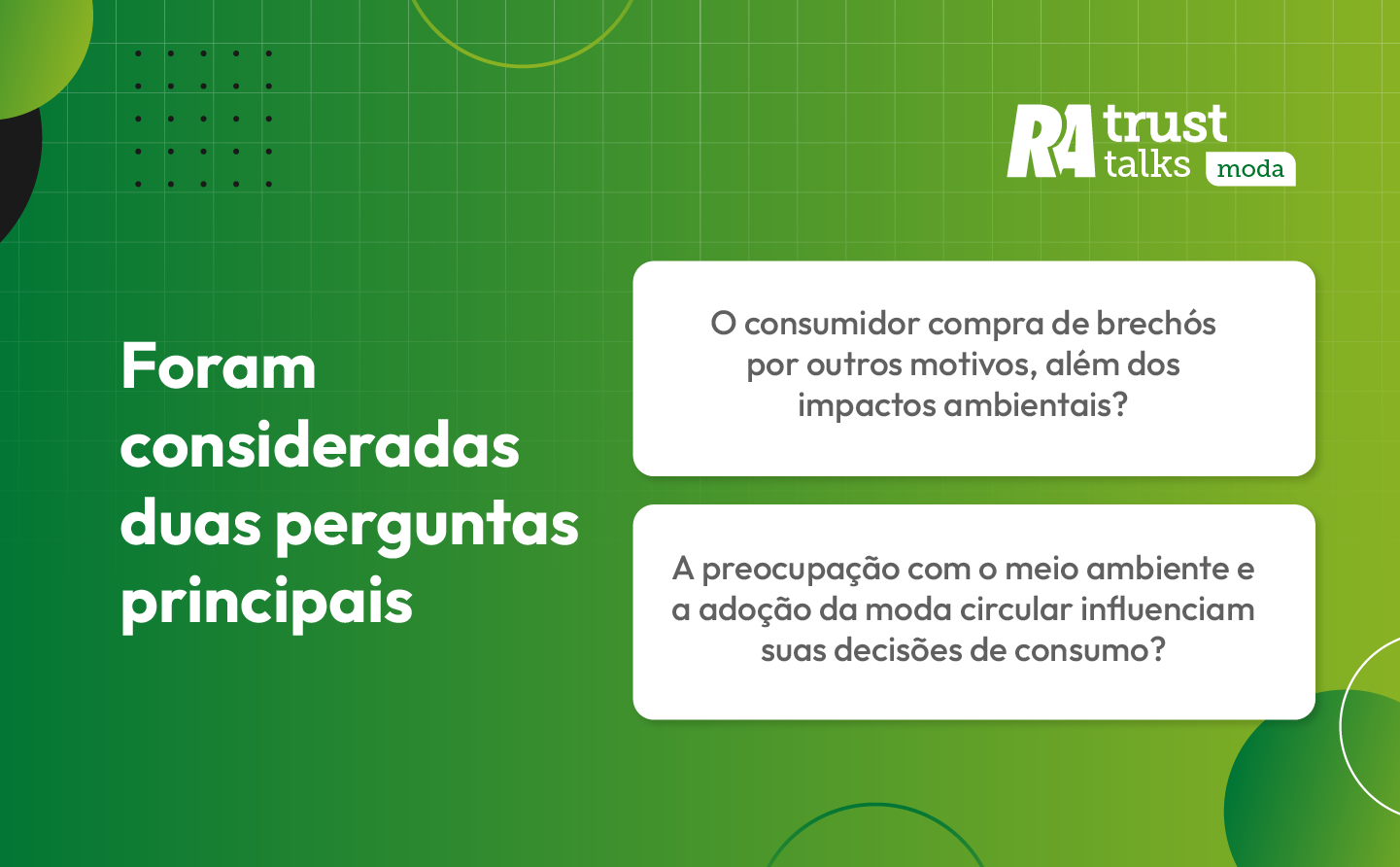 Duas perguntas principais, são elas: "o consumidor compra de brechós por outros motivos, além dos impactos ambientais?" e "a preocupação com o meio ambiente e a adoção da moda circular influenciam suas decisões de consumo?"