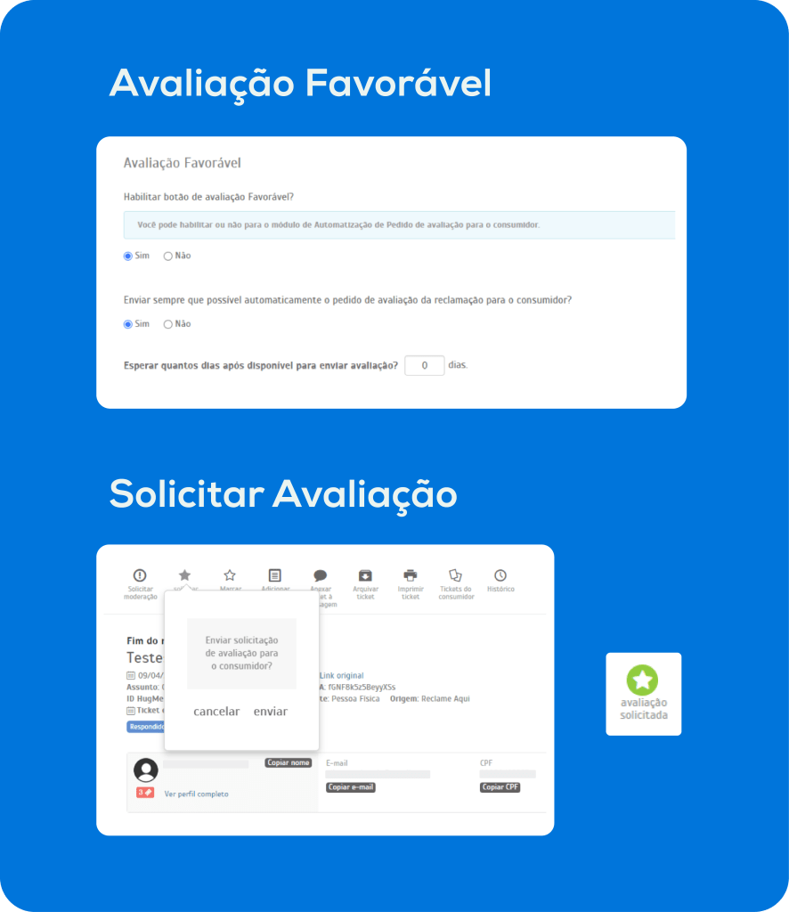 Ativação de "Avaliação Favorável" e "Solicitar Avaliação" na plataforma RA HugMe