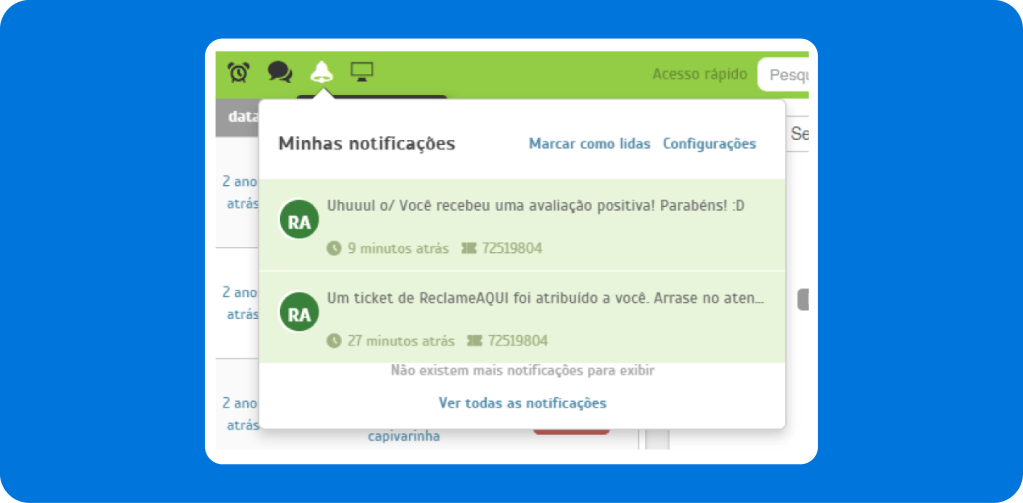 Central de notificações do RA HugMe