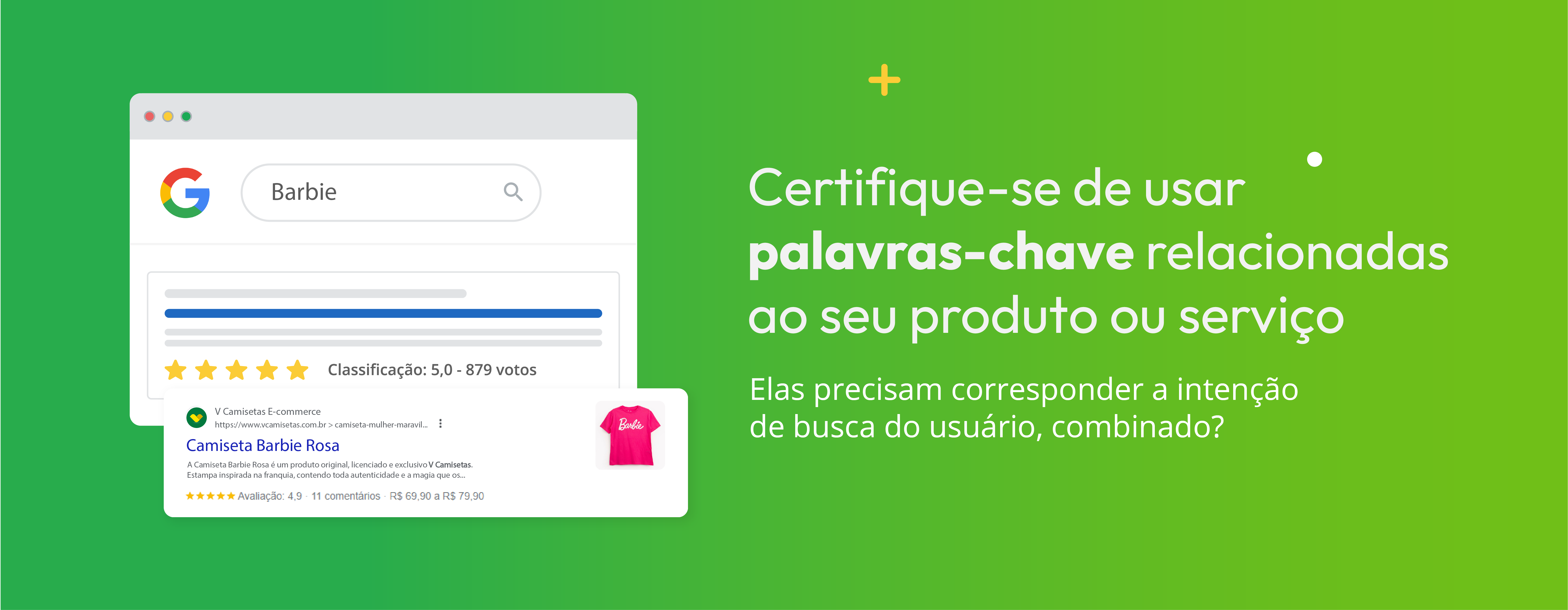 Lembrete importante para diminuir o custo por clique com imagem do produto "Camiseta Barbie Rosa" à direita com o seguinte texto à esquerda: "Certifique-se de usar palavras-chave relacionadas ao seu produto ou serviço. Elas precisam corresponder a intenção de busca do usuário, combinado?"