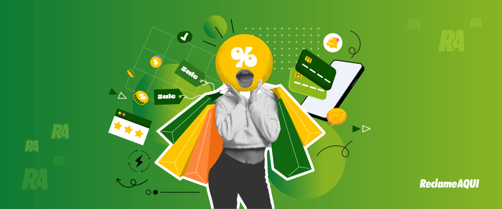 Fundo verde com uma mulher no centro segurando diversas sacolas de compra.