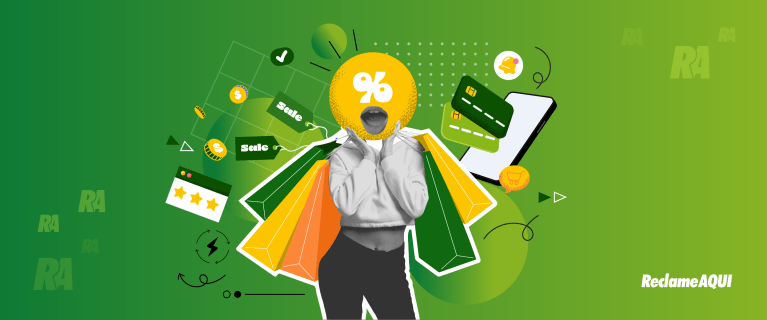Fundo verde com uma mulher no centro segurando diversas sacolas de compra.