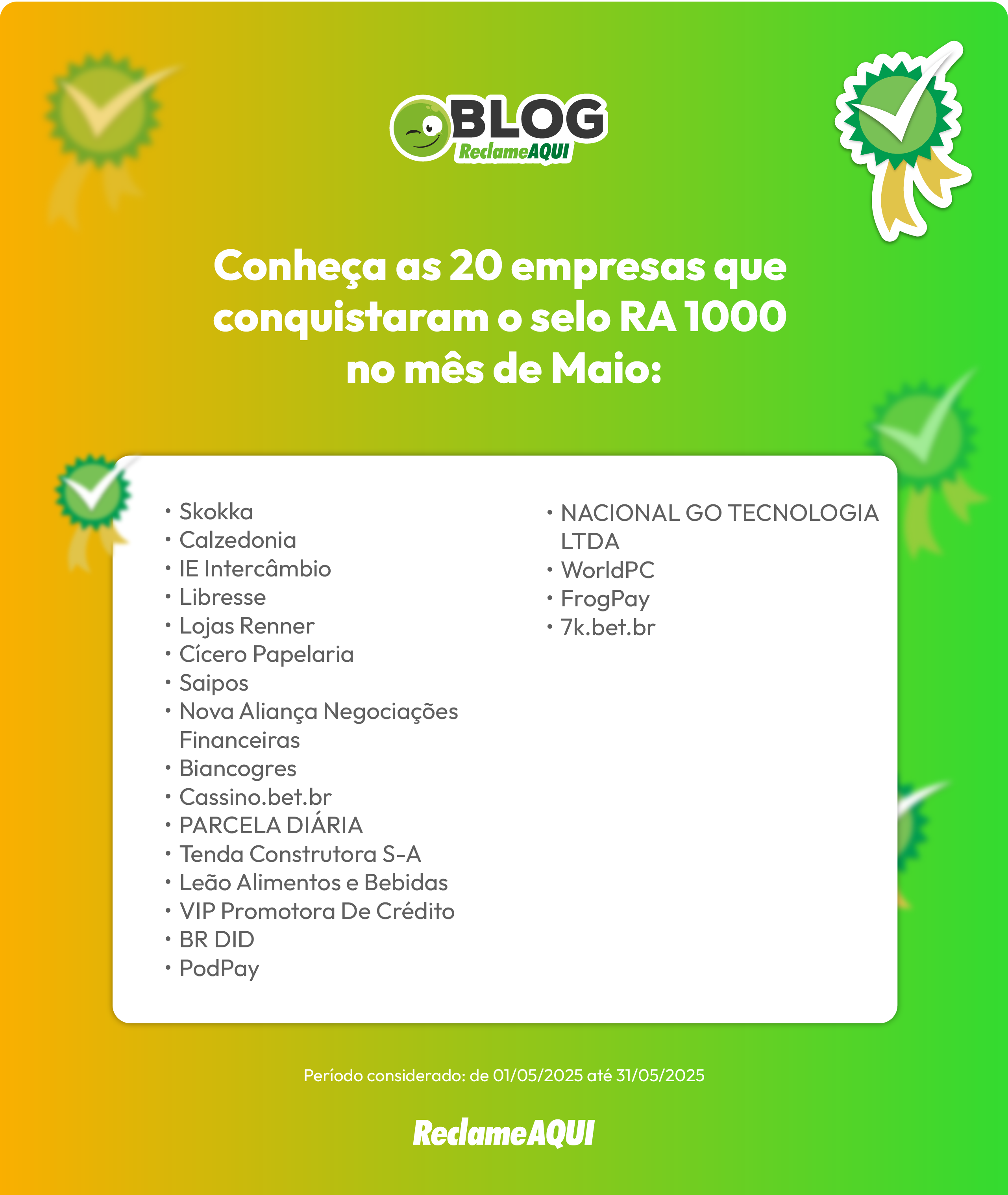empresas RA1000 do mês de maio