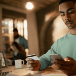 Homem no celular preocupado com golpe na Black Friday
