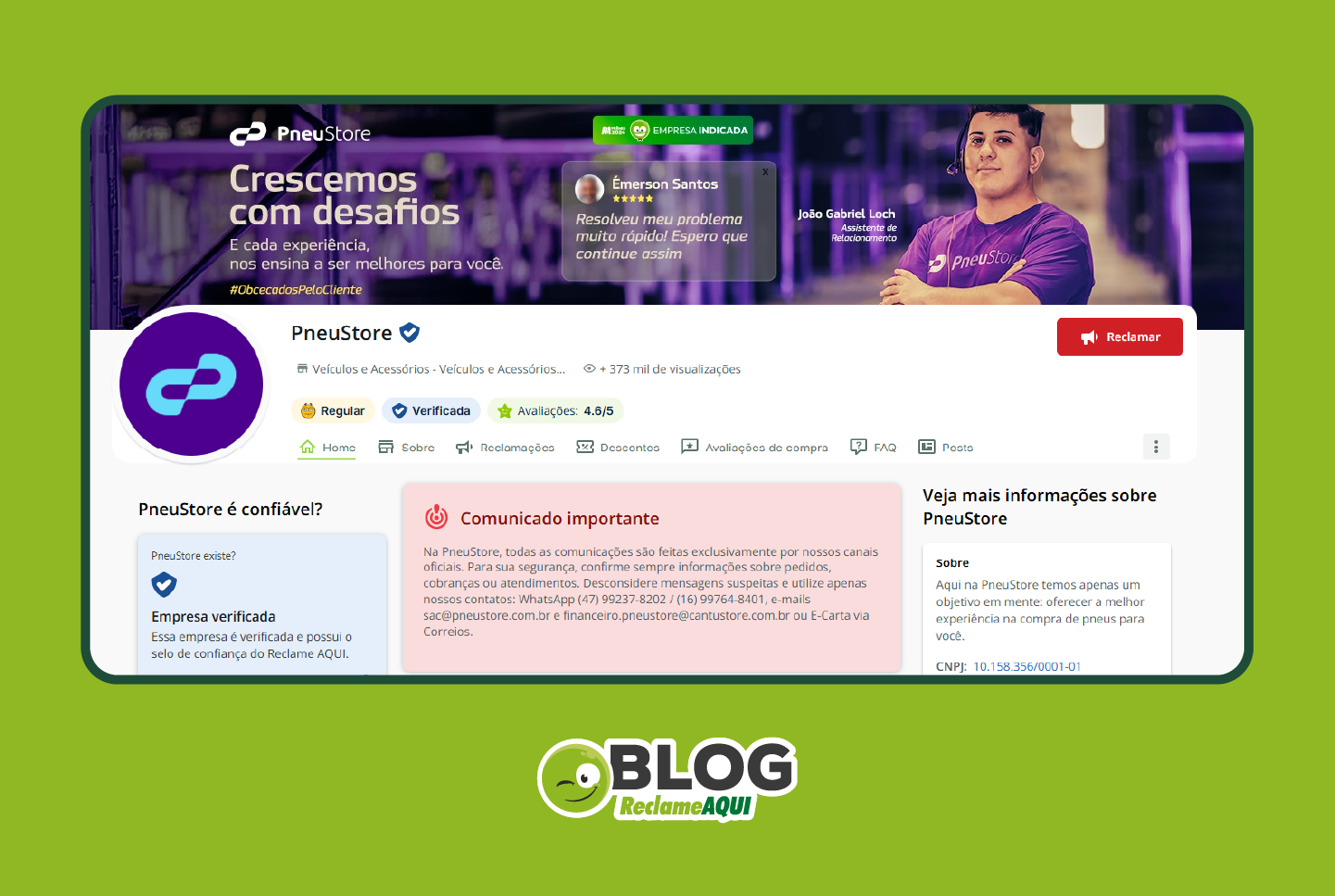 Alerta na página da Pneu Store no Reclame AQUI