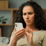 ulher preocupada segurando celular, alerta de sites suspeitos na Black Friday Reclame AQUI