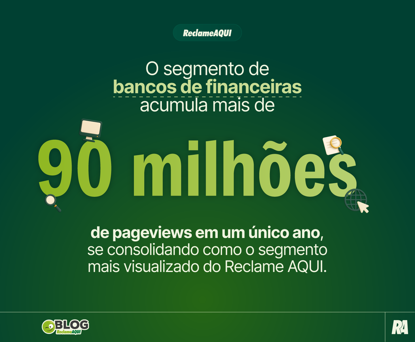 Infográfico em fundo verde destacando o número de 90 milhões de pageviews no segmento de bancos e financeiras do Reclame AQUI em um único ano.