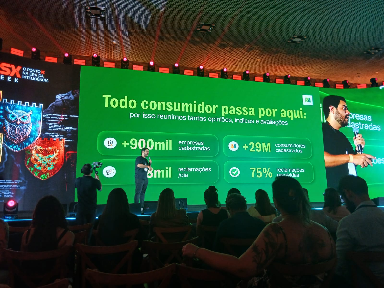 Apresentação de slides no palco principal do CSX Week mostrando números do Reclame AQUI: mais de 900 mil empresas cadastradas, mais de 29 milhões de consumidores e 75% de reclamações resolvidas.